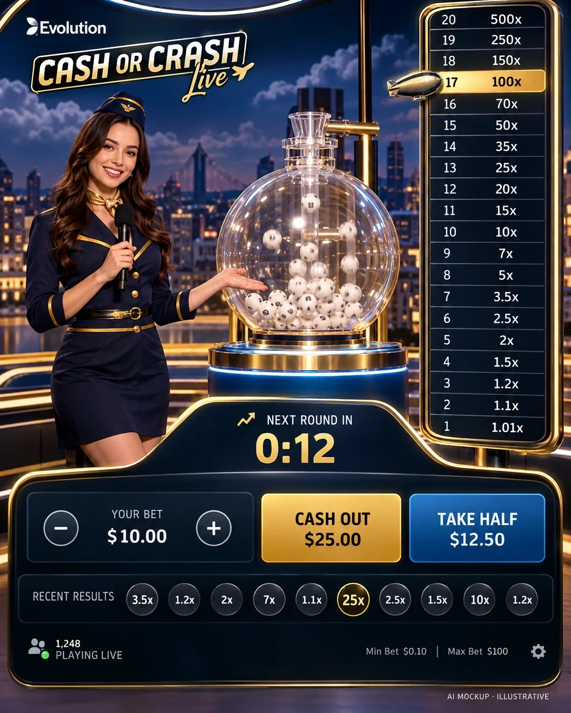 Cash or Crash live studio with the host beside the ball drum and the blimp on the payout ladder