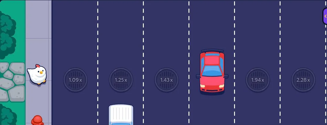 Mission Uncrossable at Roobet in demo mode: chicken at the kerb, lane multipliers from 1.09x, a car crossing