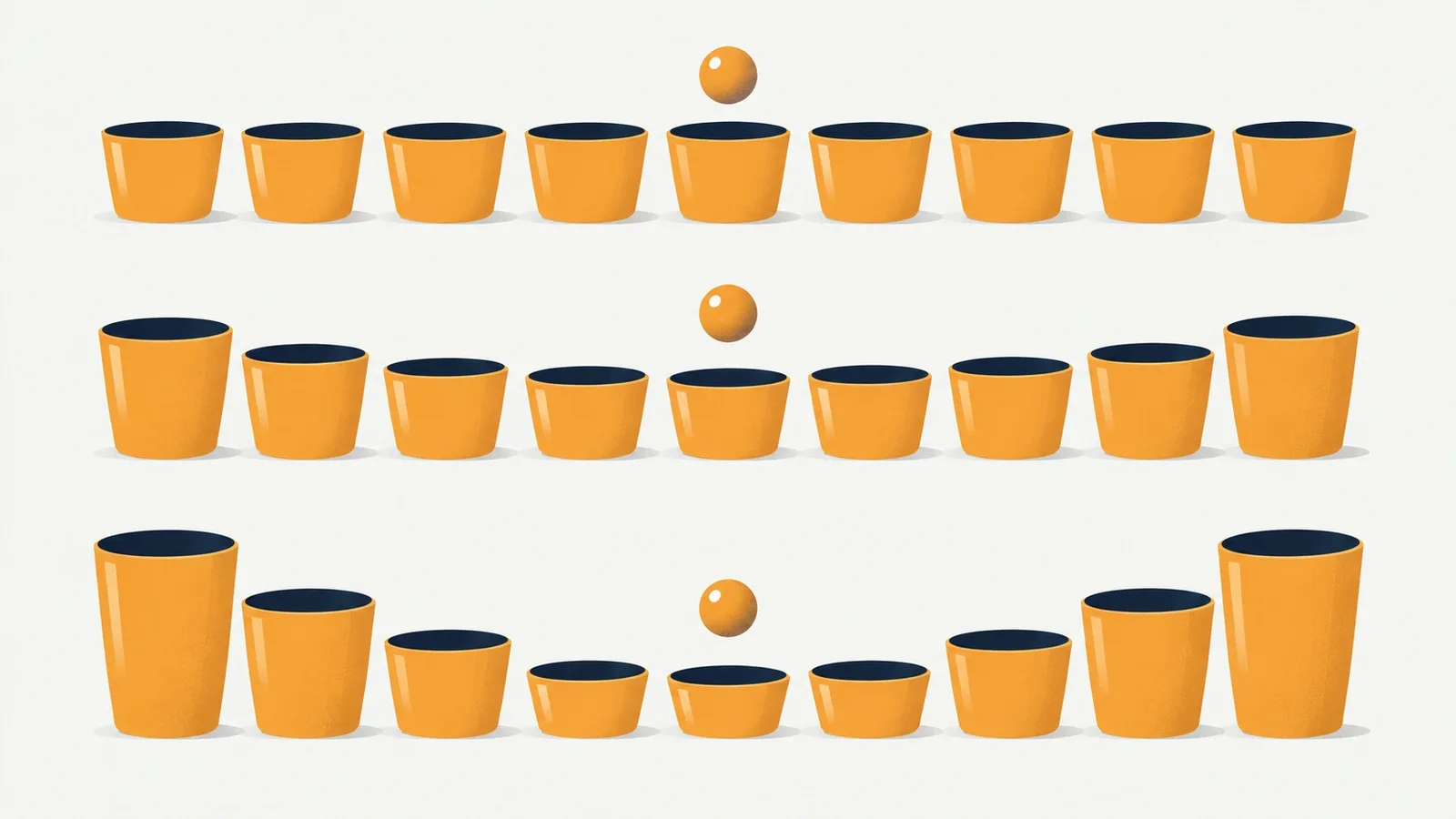 Three Plinko bucket rows showing how low, medium and high risk reshape the multipliers