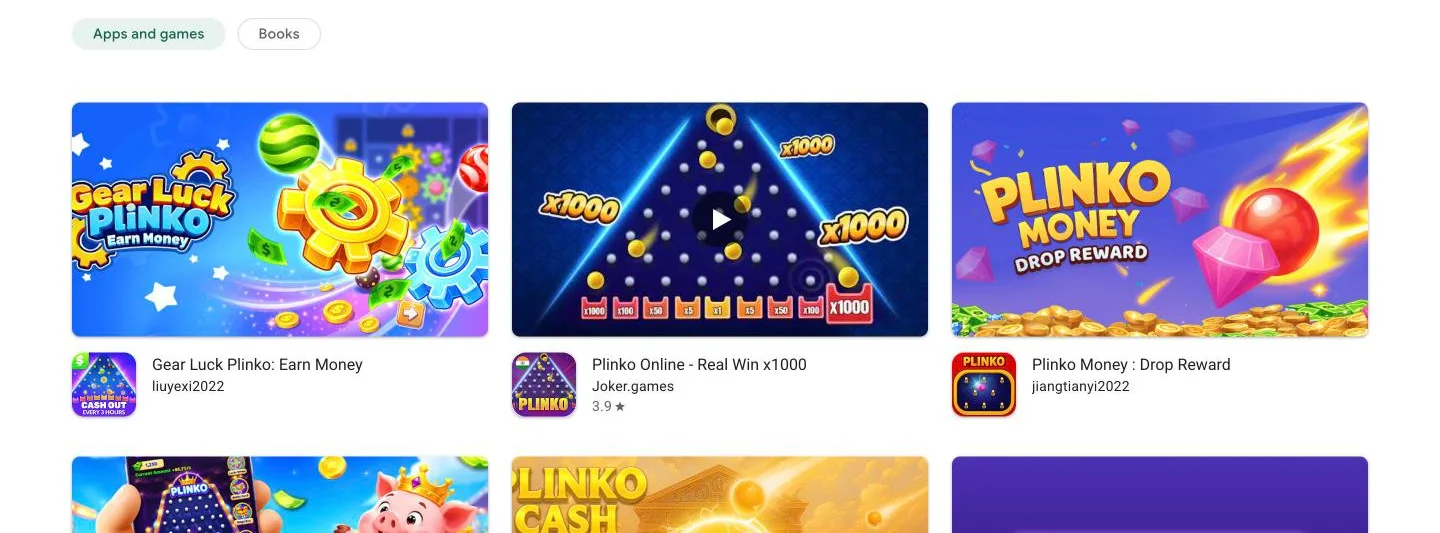 Google Play search results for plinko earn money, showing the earning-app clones that are not casino Plinko