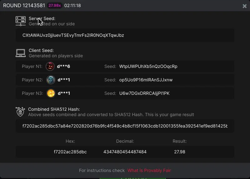 Aviator provably fair panel showing server seed, client seeds and the resulting hash