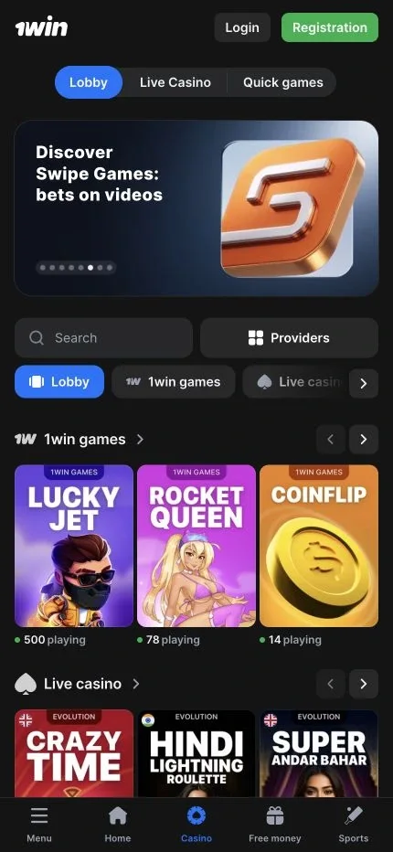 1win India home screen on mobile with the Aviator tile visible