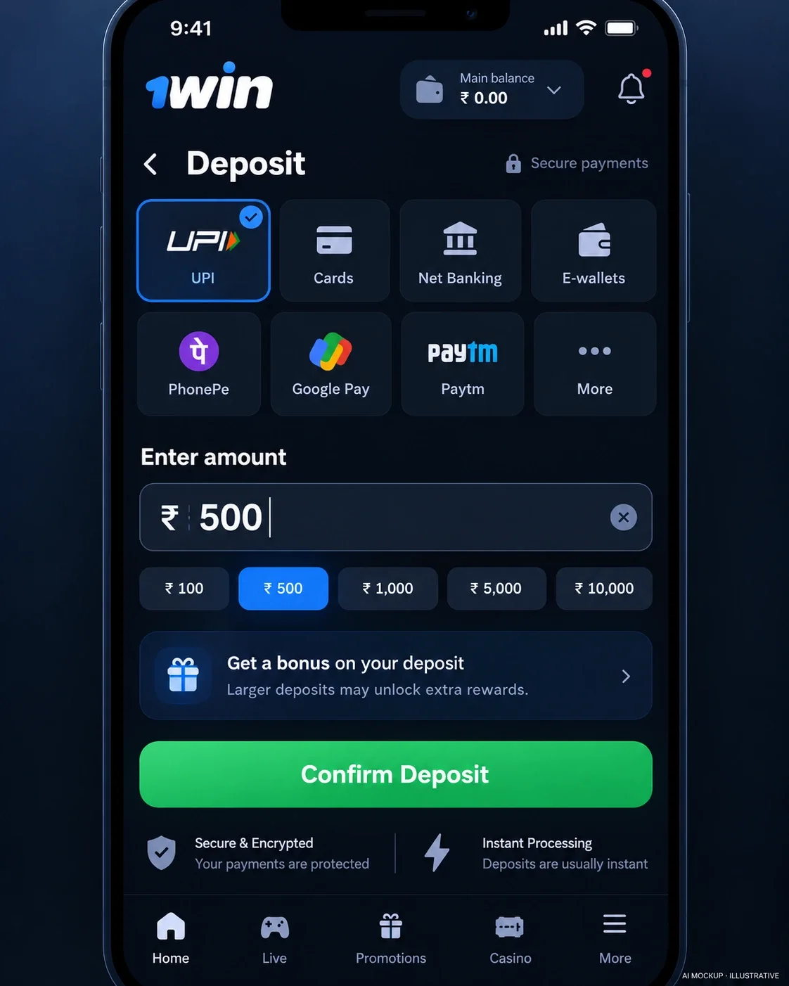 1win cashier with UPI selected and a ₹500 deposit amount