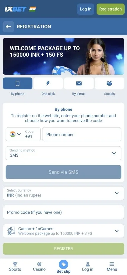 1xBet registration form with the By phone tab selected and INR currency