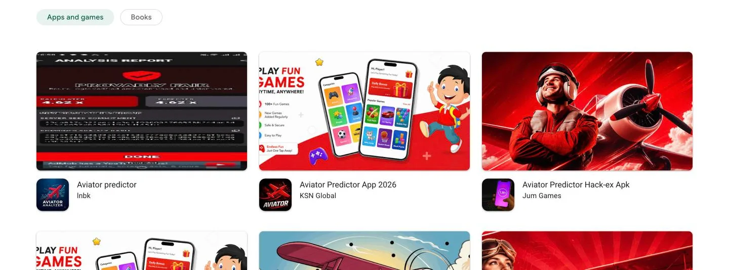 Google Play search results for aviator predictor: every app shown is a third-party predictor, none is from Spribe