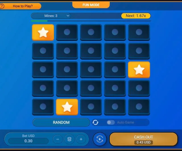 Spribe Mines demo with 3 mines set, four safe tiles revealed and the cash-out button showing 1.64x