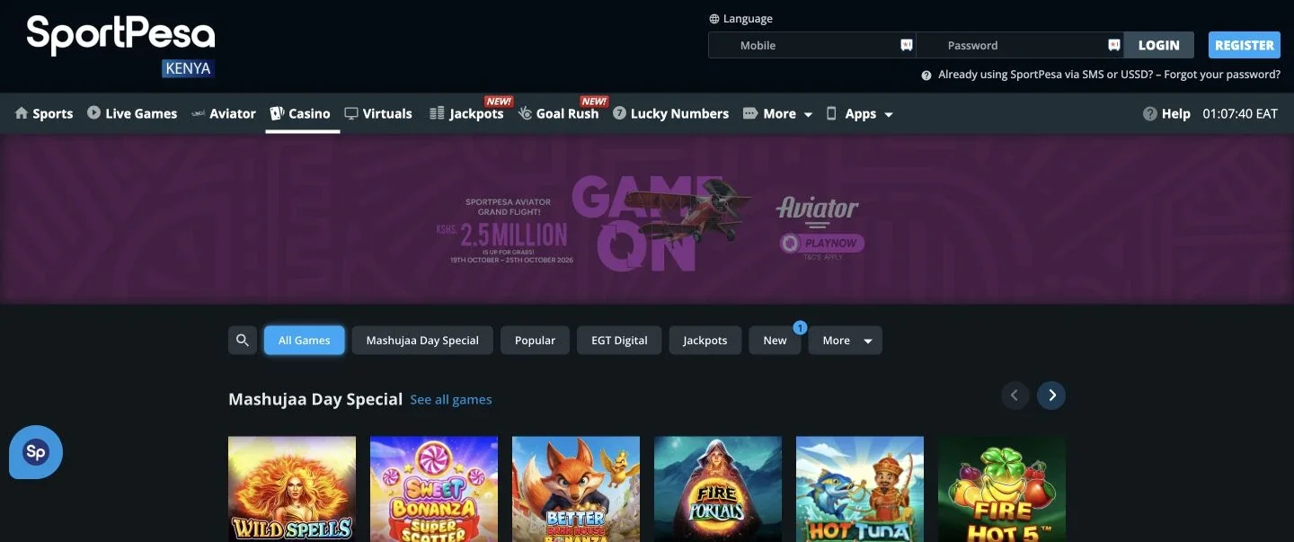 SportPesa Kenya casino page showing the chip icon for transferring funds to the casino wallet