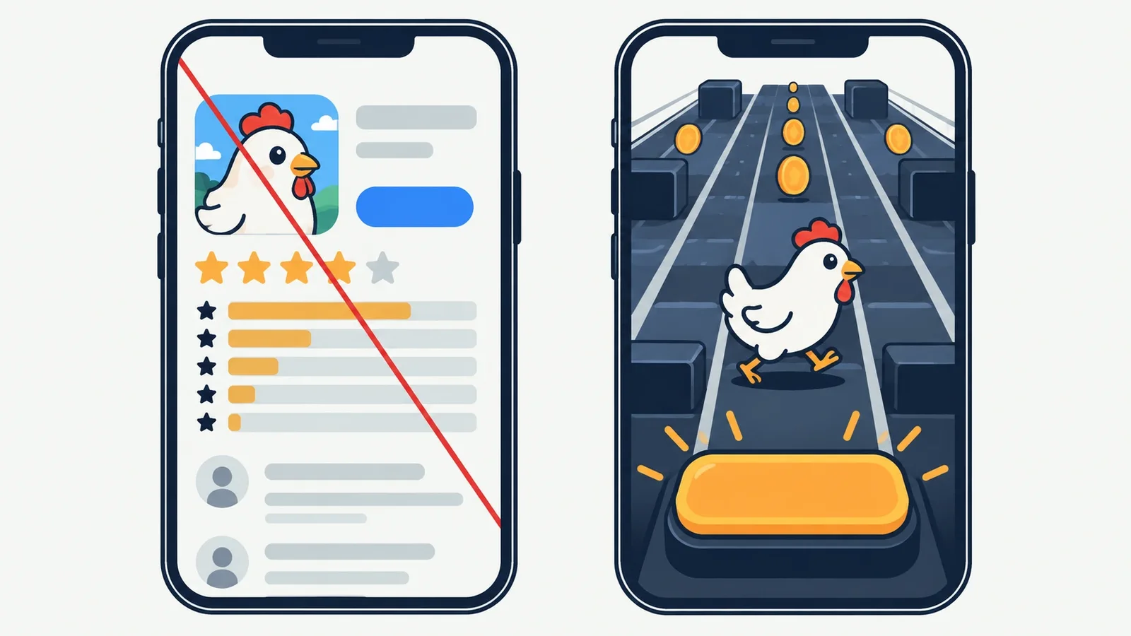 Side by side of a fake Chicken Road app store listing and the real InOut game inside a casino